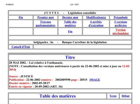Texte législatif - Loi du 28 mai 2002 dépénalisant l’euthanasie et modifiée en février 2014