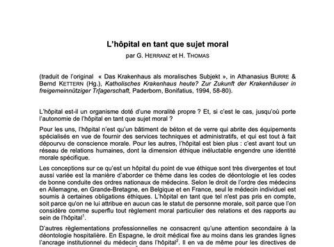 L’hôpital en tant que sujet moral