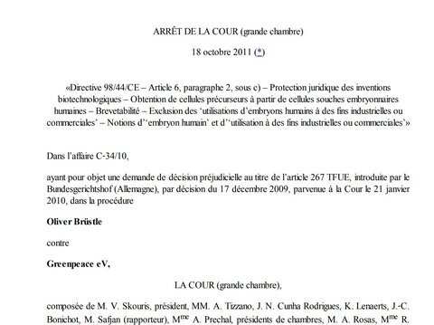 Texte de jurisprudence - Affaire Oliver Brüstle c. Greenpeace eV / Recherche sur embryon