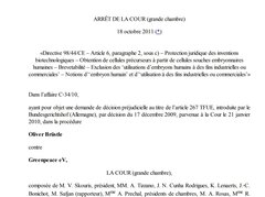 Texte de jurisprudence - Affaire Oliver Brüstle c. Greenpeace eV / Recherche sur embryon