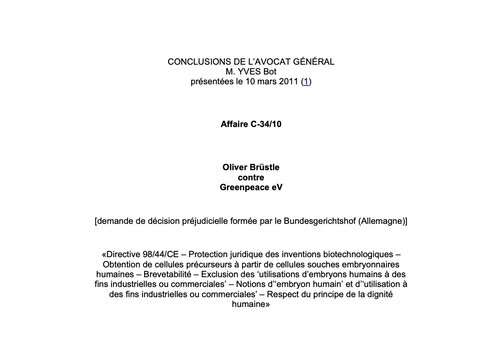 Texte de jurisprudence - Conclusions : Oliver Brüstle c. Greenpeace eV