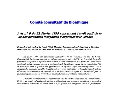 Avis n°9 : arrêt actif de la vie des personnes incapables d'exprimer leur volonté