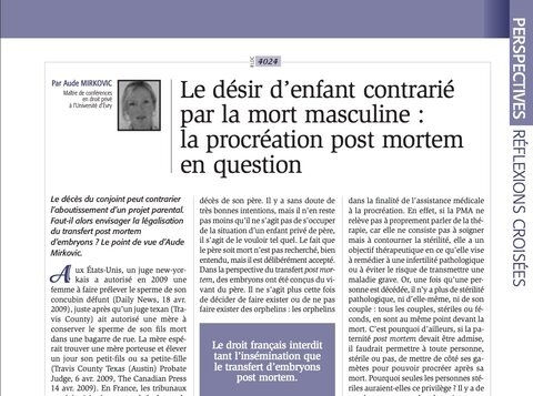 Le désir d’enfant contrarié par la mort masculine : la procréation post mortem