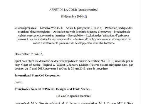 Texte de jurisprudence - Arrêt dans l'affaire C-364/13 / brevetabilité ovule humain / embryon cyte