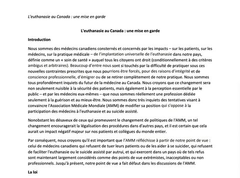 L'euthanasie au Canada : une mise en garde
